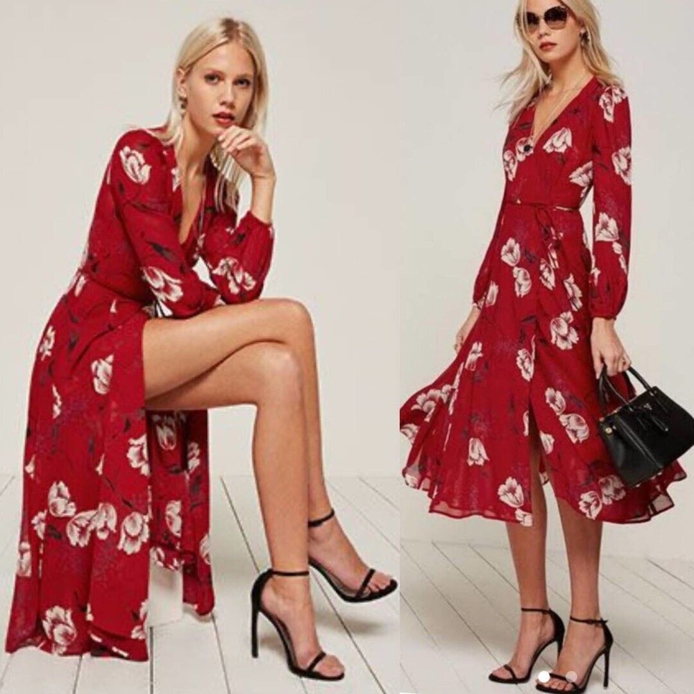 Reformation | Ashley Chelsea Red Floral Long Sleeve Midi Wrap Dress S